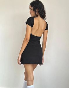 Black Lycra Backless Mini Dress | Wangi – motelrocks-com-us Lycra Dress, Black Backless Dress, Summer Bodycon Dress, Boat Neck Dress, Black Satin Dress, Year 3, Bandeau Dress, Backless Mini Dress, Backless Design