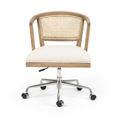 an office chair with wheels and a seat cushion on the back, against a white background