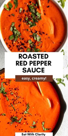 roasted red pepper sauce in a white bowl with basil on top and text overlay reading roasted red pepper sauce easy, creamy