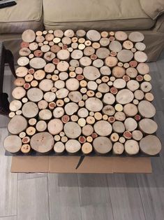 a coffee table made out of wood slices