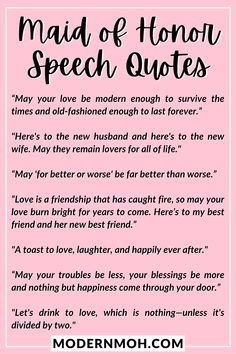 a pink background with the words maid of tonor speech quotes in black and white