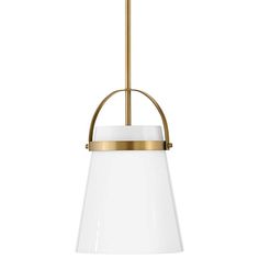 a light fixture with a white glass shade and gold metal trim on the bottom half