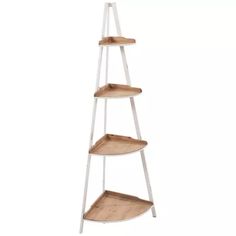 three tiered wooden shelf with white metal legs and wood shelves on each side,