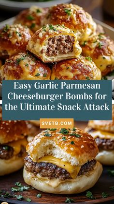 Satisfy your cravings with these easy Garlic Parmesan Cheeseburger Bombs. This recipe combines the beloved flavors of a cheeseburger with the irresistible allure of garlic and parmesan. Wrapped in fluffy dough and baked to golden perfection, these savory burger bites are perfect for serving at parties or enjoying as a late-night snack. Customize them with your favorite dipping sauces for an unforgettable flavor experience that's sure to impress family and friends alike! Mini Cheeseburger Dough Balls, Quick Late Night Snacks, Garlic Burger Recipe, Soft Pizza Dough, Cheeseburger Meatballs, Cheeseburger Bites, Comfort Food Appetizers, Quick Appetizer Recipes, Party Food Easy Appetizers