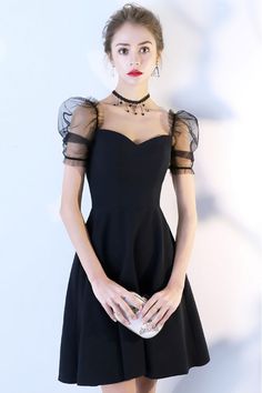 Black Bubble Sleeve Short Homecoming Dress with Sleeves - $77 #BLS86023 - SheProm.com Homecoming Dress With Sleeves, Dresses With Short Sleeves, Off Shoulder Lace Dress, White Maxi Dress Boho, Cherry Print Dress, Lace Dress Casual, Formal Clothing, Short Dress White, Boho Dresses Long