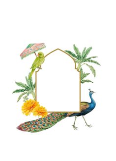 a watercolor painting of a peacock with flowers and an empty sign frame in the middle