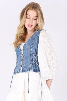 Enhance your style with our With A Twist Denim Vest Top, featuring trendy lace up sides that make cinching easy! Denim Vest Sleeveless Top Button Up Front Tie Sides 100% Cotton Wash Cold / Hang Dry Denim Vest Top, Womens Denim Vest, Lace Vest, Womens Denim, Just Style, Denim And Lace, Boutique Tops, Casual Tops For Women, Jeans Size Chart