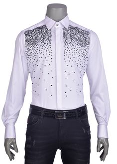 Limited edition- One of a kind Black and Silver rhinestone combination Eye-catching rhinestone details Block rhinestone on front panel and shoulder French placket Point collar Custom square buttons Long sleeves with mitered Back yoke Curved hem Cotton/Lycra Dry clean only Rhinestone Shirt Designs, Rhinestone Shirt, Rhinestone Shirts, Black Tears, White Shirt Men, Silver Rhinestone, Black And Silver, Tear Drop, Boys T Shirts