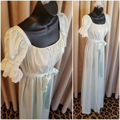 "Vintage, 1940s, 1950s, Sylvia Pedlar, \"Iris\", Dreamy, White Lace, Blue, Rayon Satin, Long, Nightgown Design Details: The \"Dior\" of lingerie - designer Sylvia Pedlar's \"Iris\" label A blue shade varying on icy to aqua blue silky, satin smooth feel to fabric Square gathered neckline Empire waist with wide blue drawstring gathered through white lace ribbon Puffed sleeves adorned with exquisite eggshell color, fine, wide, gathered, ruffled lace - as shown in photo #9 Center back bodice has whi White Lace Ribbon, Eggshell Color, Long Nightgown, Gathered Neckline, Ankle Length Skirt, Women's Nightgowns, Lace Ribbon, Puffed Sleeves, Fabric Squares