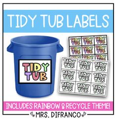 tidy tub labels with the words tidy tub on it and an image of a blue trash can