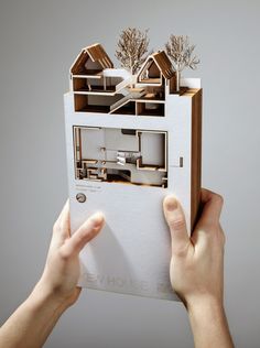 a person holding up a cut out of a house in the shape of a box