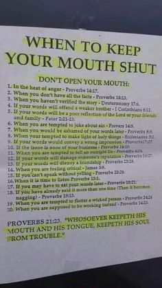 a sign posted on the side of a car that says, when to keep your mouth shut don't open your mouth