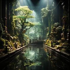 a pond surrounded by trees and plants in the middle of a dark room with light coming through