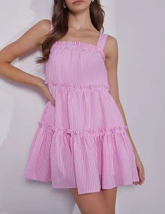 Square Neck Tiered Baby Doll Dress – shop hey chick Hi Barbie, Pink Stripe Dress, Seer Sucker, Baby Doll Dress, Stripe Dress, Barbie Dress, Dress Romper, Pink Stripes, Babydoll Dress