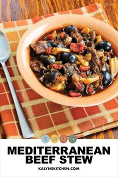 "Pinterest Image of Mediterranean Beef Stew showing stew in ceramic bowl with spoon on orange plaid napkin." Balsamic Beef Stew, Rosemary Beef Stew, Mediterranean Stew, Mediterranean Beef Stew, Rosemary Beef, Mediterranean Beef, Food Mediterranean, Virgin Diet, South Beach Diet Recipes