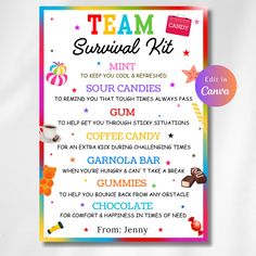 a poster with the words team survival kit in rainbows and stars, on a white background