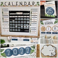 a collage of photos showing the calendars for each school year, including numbers and leaves