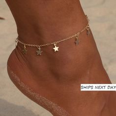 Anklet Stars Charm  Material - stainless steel 316L with 18K IP gold plated Size - 25cm Among the wide variety of jewelry materials, there is a special material that is 316l stainless steel, which has a bright surface and can be processed into jewelry instead of gold and silver, The price is much cheaper than gold and silver, and it has strong corrosion resistance, It is very suitable for making jewelry that is in contact with the skin for a long time. At the same time, it can maintain no deform Leg Bracelet, Star Anklet, Butterfly Anklet, Foot Chain, Foot Bracelet, Stella Marina, Ankle Jewelry, Women Anklets, Silver Anklets