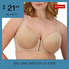 This bra is no slouch! It helps improve your posture and provides back support and all-over smoothing while helping you stay cool and comfy.Bra Type: T-Shirt, Underwire, Posture, Full CoverageFeatures: Breathable, Stretch Fabric, Back Support, Comfort Straps, Front Closure, Back Smoothing, Side SmoothingClosure Type: Hook & Eye, Front ClosureSupport: High SupportFiber Content: 81% Nylon, 19% SpandexFabric Description: MicrofiberCare: Hand Wash, Line DryMaterial: MicrofiberCountry of Origin: Imp… Improve Your Posture, Comfy Bra, Full Coverage Bra, Back Support, Full Figured, Hook Eye, Stretch Fabric, Bali, Hand Wash