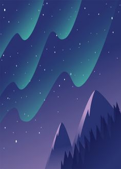 the northern lights shine brightly in the night sky over mountains and snow covered hills, with evergreens on each side