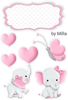 pink and white baby elephant stickers with hearts in the shape of heart shaped balloons