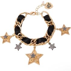 Description Betsey Johnson Bold Chain Link Bracelet With Woven Black Ribbon And Mixed Star Charms. Detailed With Crystal Star Charms Adorned With Gold-Tone Flecks, And Smaller Contrasting Hematite-Tone Pave Star Charms. This Striking Celestial Bracelet Is Set In Gold-Tone Metal And Has An Adjustable Lobster Clasp Closure. Metal Star Charm Jewelry For Party, Star-shaped Chain Jewelry For Party, Star Shaped Chain Jewelry For Party, Party Bracelets With Star Charm, Party Bracelets With Star Charm In Metal, Party Metal Bracelets With Star Charm, Celestial Bracelet, Betsey Johnson Bracelet, Star Crystal