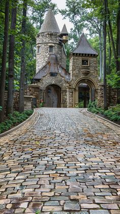 a cobblestone road leading to an old castle like building in the middle of trees