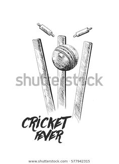 a cricket ball and bats with the words cricket fever written in black ink on a white background