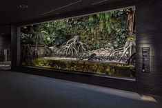 a large mural in the middle of a building with trees growing on it's sides