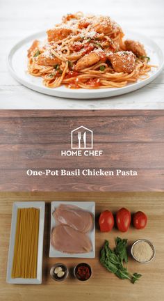 one pot basil chicken pasta with tomatoes, parmesan cheese and herbs on the side