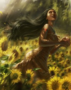 a painting of a woman in a field of sunflowers with her hair blowing in the wind