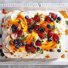 a cake with fruit on top is sitting on a tray