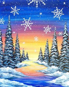 an acrylic painting of snowflakes and pine trees on a winter night