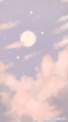 the sky is full of stars and clouds with a moon in the distance above it