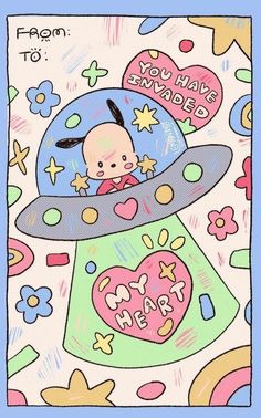 a drawing of a baby in a flying saucer with hearts and stars on it