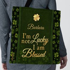 Adorable Personalized Tote Bag - I‘m Not Lucky I Am Blessed NUHN375 - Jesuspirit Personalized Green Bags For Daily Use, Customizable Green Travel Bags, Green Letter Print Bags As Gifts, Green Bag With Letter Print For Gift, Personalized Green Travel Bag, Customizable Green Bags For Personalized Gifts, Customizable Green Bags For Daily Use, Mother's Day Gift Shoulder Bag With Letter Print, Inspirational Tote Bags For Mother's Day