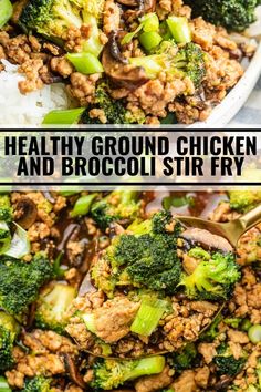 broccoli and ground chicken stir fry in a white bowl