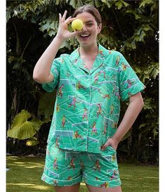 Printfresh Courtside Cats Short Sleeve Notch Collar Woven Shorty Pajama Set | Dillard's Green Sleep Sets For Summer, Green Sleepwear Sets For Summer, Summer Pajama Party Sleepwear With Pockets, Relaxed Fit Pajama Set With Pockets For Party, Relaxed Fit Sets With Pockets For Pajama Party, Green Sleepwear With Pockets For Pajama Party, Green Summer Lounging Set, Collared Sleepwear With Pockets For Loungewear, Green Pajama Party Sets For Summer