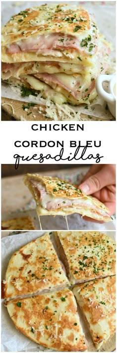 chicken cordon bleu frittata is cut in half and stacked on top of each other