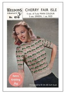 a woman wearing a sweater with an apple pattern on the front and back, in knitting