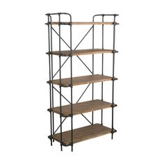 three tiered shelving unit with wooden shelves and metal bars on each shelf, isolated against a white background