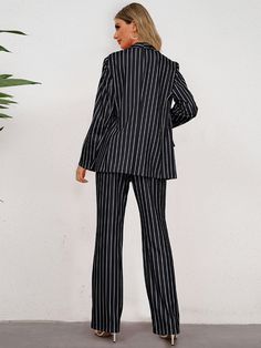 Indulge in sophistication with our Hudson Pinstripe Blazer Matching Set in classy black. Made from premium materials, this set exudes luxury with its tailored pinstripe blazer and versatile matching pieces. Elevate your wardrobe with this timeless set that's perfect for any occasion. Size Guide: Model is 5’8” tall, and has a 33.2” bust, 26.4” waist, & 35.2” hips. She is wearing a S / US 4 / AU 8. This matching set is true to size. Material: Shell: 65% Polyester 30% Rayon 5% Spandex, Lining: 100% Chic Business Casual, Striped Two Piece, Womens Suits Business, Professional Wardrobe, Top And Pants Set, Long Sleeve Striped Top, Large Dress, Loose Fitting Tops, Printed Blazer