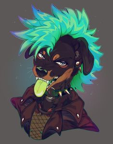 a drawing of a dog with blue hair and green eyes, holding a tennis ball in its mouth