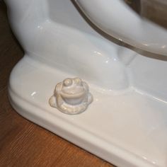 a close up of a white toilet bowl on a wooden floor