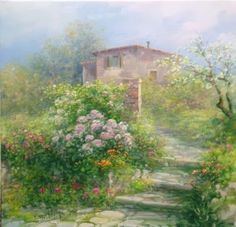 a painting of a stone path leading to a house with flowers on the side and trees in the background