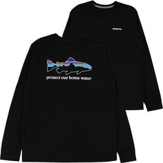 Patagonia Home Water Trout Responsibili-Tee L/S T-shirt - black Black Relaxed Fit Tops For Outdoor Activities, Black Relaxed Fit T-shirt For Outdoor Activities, Patagonia Graphic Tee With Crew Neck, Black Long Sleeve T-shirt For Outdoor Activities, Outdoor Black T-shirt With Screen Print, Patagonia T Shirt, Patagonia Graphic Tee Crew Neck, Patagonia Casual Graphic Print T-shirt, Black Long Sleeve T-shirt For Outdoor