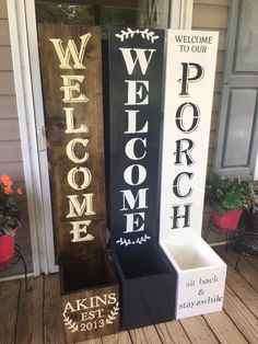 welcome to our porch sign and planter