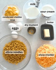 the ingredients to make macaroni and cheese are shown