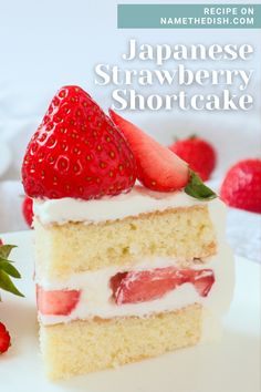 two pieces of cake with strawberries on top and the words strawberry shortcake written in chinese