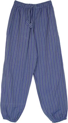 A lightweight and fun, breezy harem pants with a striped design and elastic cuffed ankles.  The pants has a relaxed fit through thighs and are super comfortable because of the hand-loomed cotton fabric. #tlb #SplitSkirtsPants #Pocket #Yoga #vacationclothing #beachwrap #Striped #bohemianfashion #OrganicCottonPants #LoungePants #GeniePants Blue Relaxed Fit Pants With Vertical Stripes, Summer Tapered Leg Pants With Vertical Stripes, Summer Bottoms With Vertical Stripes And Tapered Leg, Genie Pants, Cotton Harem Pants, Blue Clothing, Hippie Look, Trendy Skirts, Split Skirt